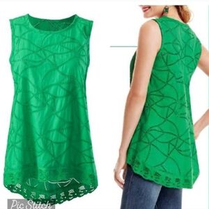 Cabi Womens Kelly Green Gemma Embroidered Eyelet Sleeveless Hi Low Hem Tank Top